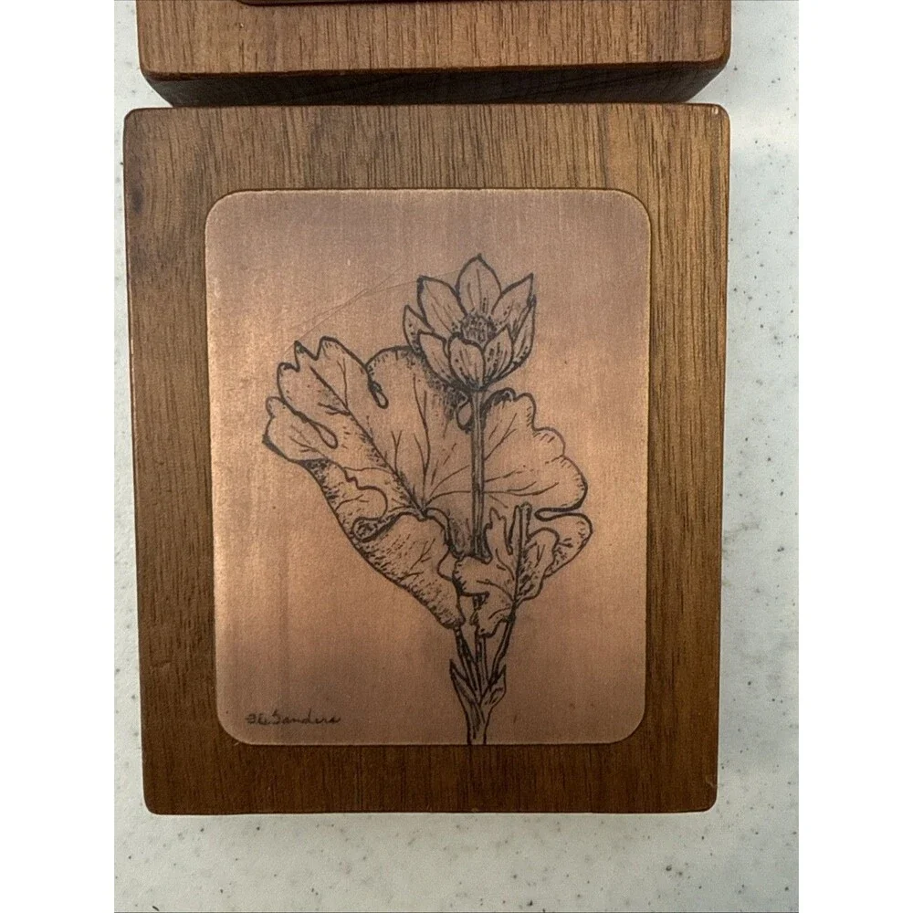 Botanical Wall Art Plaque Set Copper Tone Leaf Relief on Wood Lot 2
